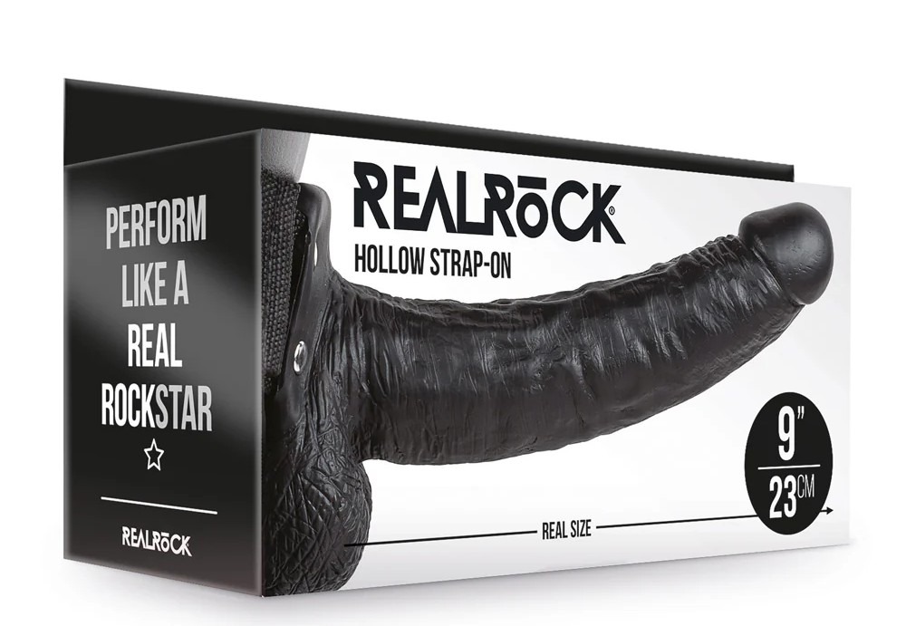 RealRock 9 Inch Hollow Strapon with Balls - Black