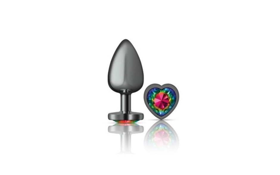 Cheeky Charms Gunmetal Butt Plug w Heart Rainbow Jewel Small - Image 2