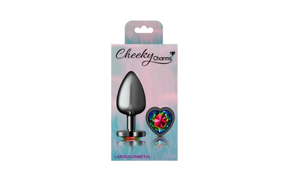 Cheeky Charms Gunmetal Butt Plug w Heart Rainbow Jewel Large