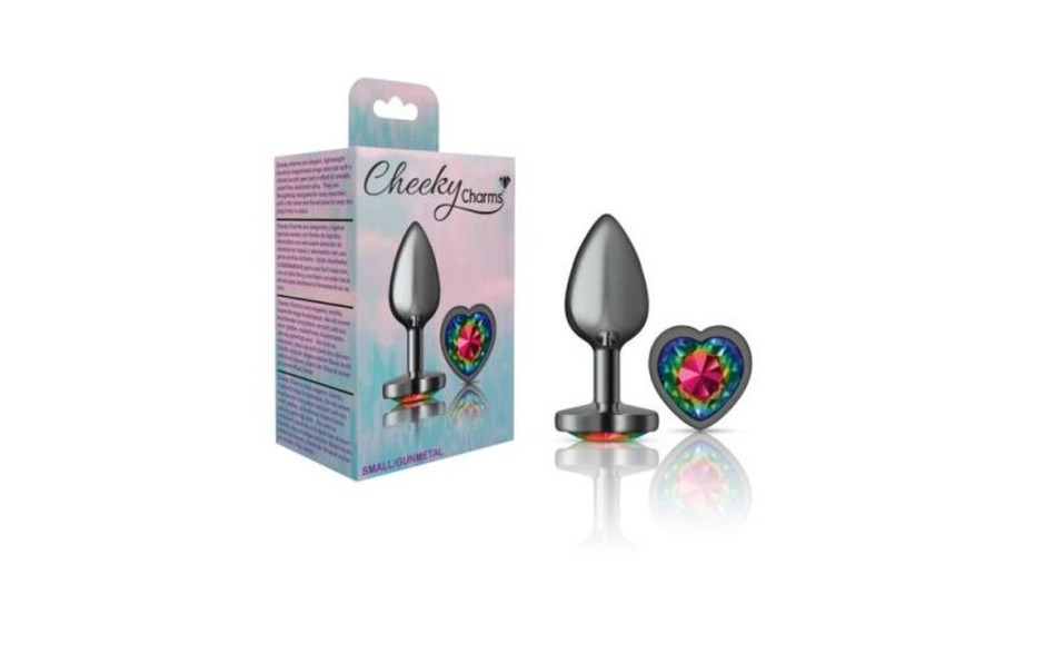 Cheeky Charms Gunmetal Butt Plug w Heart Rainbow Jewel Small